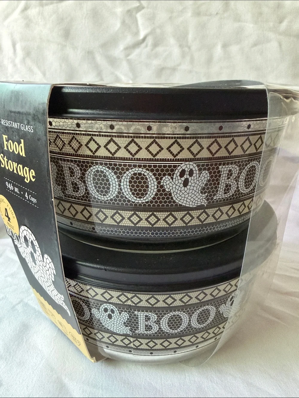 Heat-Resistant Glass Food Storage Set with Black Lids - Halloween Mosaic Design